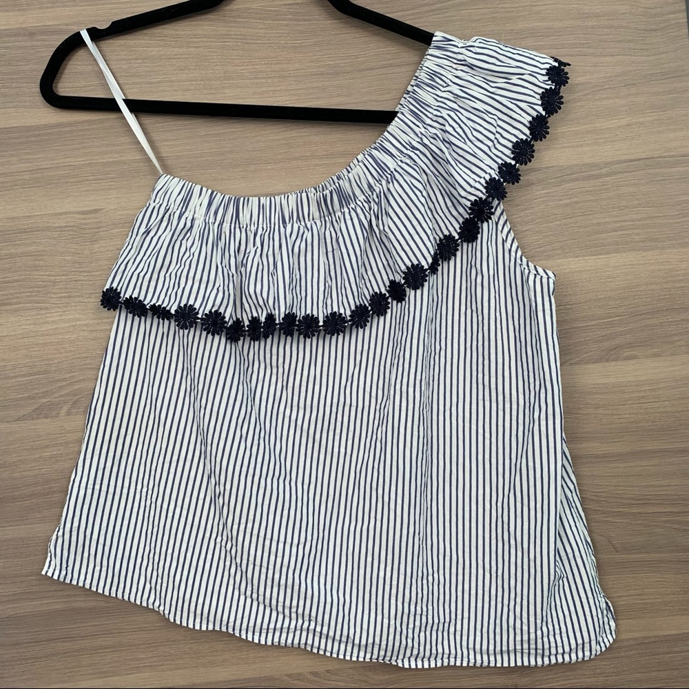 LOFT Striped One Shoulder Top Embroidered Ruffle S - Picture 7 of 7